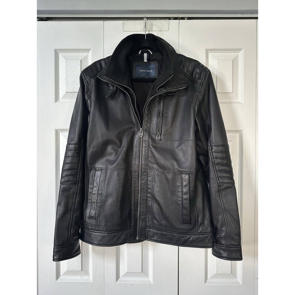 Cole Haan Jacket Men's Medium Black Leather Moto Motorcycle Full Zip Lined